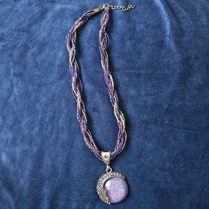 Purple Beaded Necklace with Brass Accents